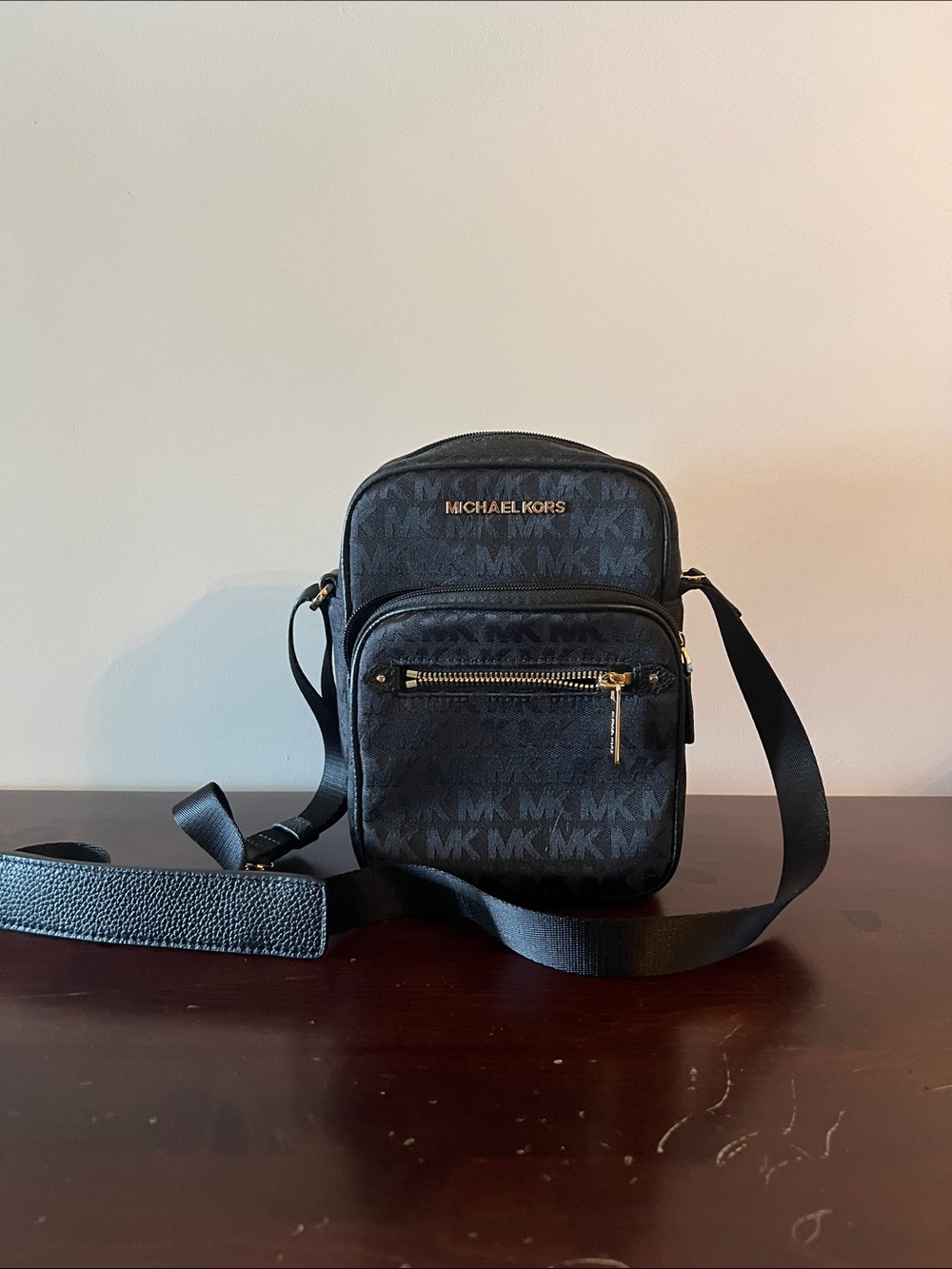 Michael Kors Black MK Monogram Crossbody Bag with Gold Hardware